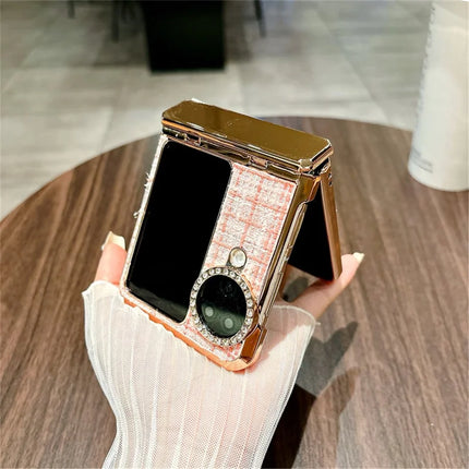 For Oppo Find N3 Flip 5G Case Plaid Texture Rhinestone Decor Hinge Protection PC Phone Cover
