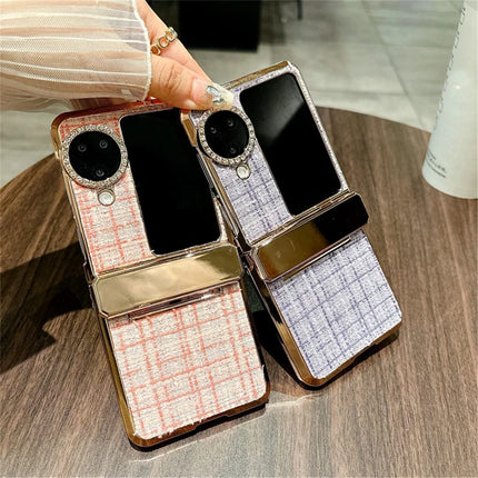 For Oppo Find N3 Flip 5G Case Plaid Texture Rhinestone Decor Hinge Protection PC Phone Cover