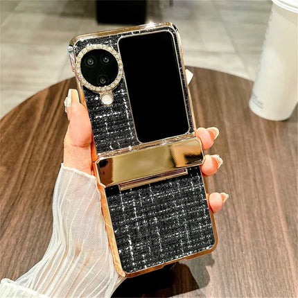For Oppo Find N3 Flip 5G Case Plaid Texture Rhinestone Decor Hinge Protection PC Phone Cover - Black