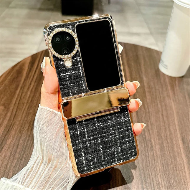 For Oppo Find N3 Flip 5G Case Plaid Texture Rhinestone Decor Hinge Protection PC Phone Cover - Black