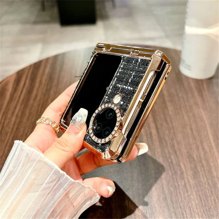 For Oppo Find N3 Flip 5G Case Plaid Texture Rhinestone Decor Hinge Protection PC Phone Cover