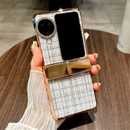 For Oppo Find N3 Flip 5G Case Plaid Texture Rhinestone Decor Hinge Protection PC Phone Cover - White