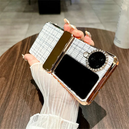 For Oppo Find N3 Flip 5G Case Plaid Texture Rhinestone Decor Hinge Protection PC Phone Cover