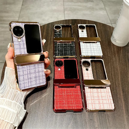 For Oppo Find N3 Flip 5G Case Plaid Texture Rhinestone Decor Hinge Protection PC Phone Cover