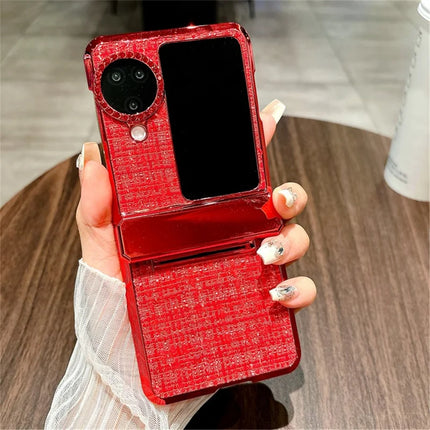 For Oppo Find N3 Flip 5G Case Plaid Texture Rhinestone Decor Hinge Protection PC Phone Cover - Red
