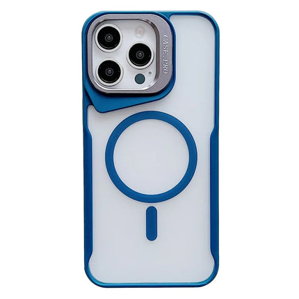 For iPhone 15 Pro Max Case Compatible with MagSafe Lens Frame Kickstand PC+TPU Phone Cover - Blue