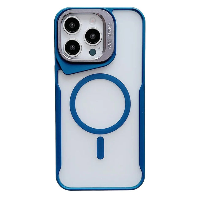 For iPhone 15 Pro Max Case Compatible with MagSafe Lens Frame Kickstand PC+TPU Phone Cover - Blue