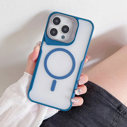 For iPhone 15 Pro Max Case Compatible with MagSafe Lens Frame Kickstand PC+TPU Phone Cover