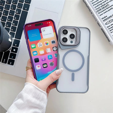 For iPhone 15 Pro Max Case Compatible with MagSafe Lens Frame Kickstand PC+TPU Phone Cover