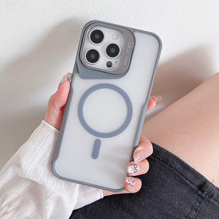 For iPhone 15 Pro Max Case Compatible with MagSafe Lens Frame Kickstand PC+TPU Phone Cover - Grey