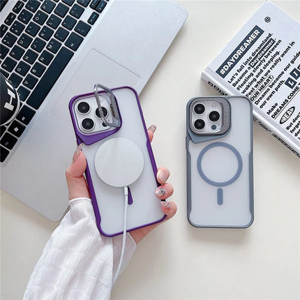 For iPhone 15 Pro Max Case Compatible with MagSafe Lens Frame Kickstand PC+TPU Phone Cover