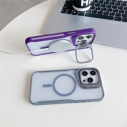 For iPhone 15 Pro Max Case Compatible with MagSafe Lens Frame Kickstand PC+TPU Phone Cover