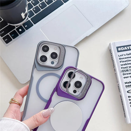 For iPhone 15 Pro Max Case Compatible with MagSafe Lens Frame Kickstand PC+TPU Phone Cover