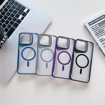 For iPhone 15 Pro Max Case Compatible with MagSafe Lens Frame Kickstand PC+TPU Phone Cover