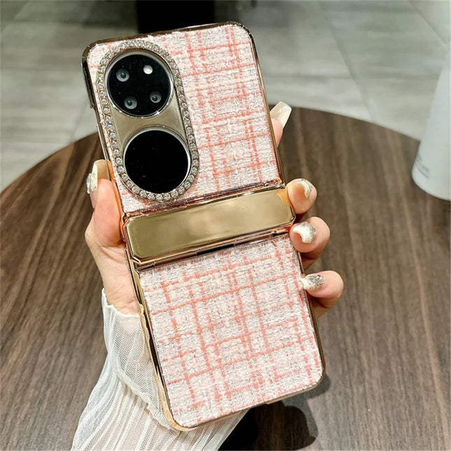 For Huawei P50 Pocket Case Plaid Texture Rhinestone Decor Hinge Protection PC Phone Cover - Pink
