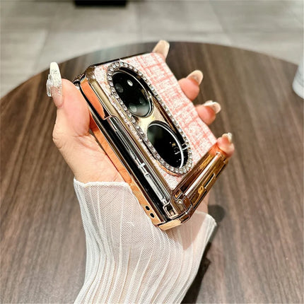 For Huawei P50 Pocket Case Plaid Texture Rhinestone Decor Hinge Protection PC Phone Cover