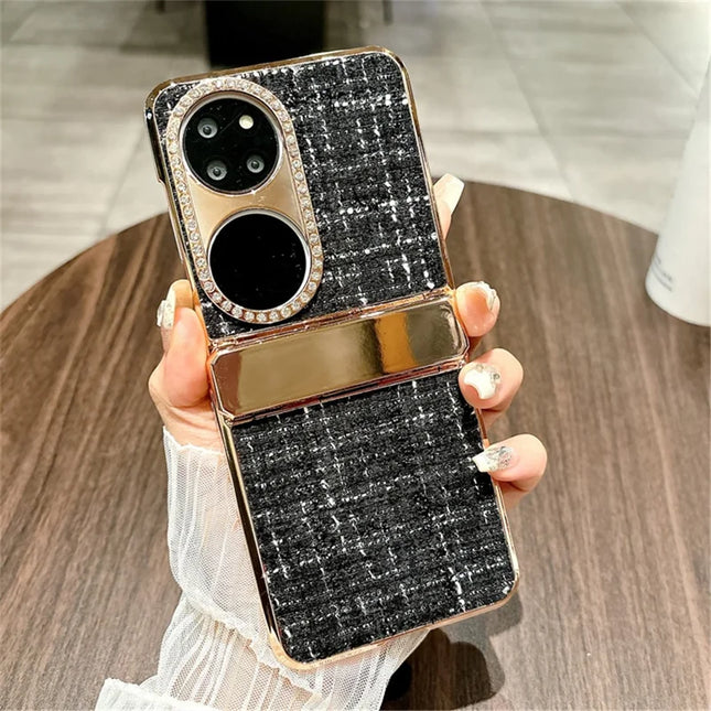 For Huawei P50 Pocket Case Plaid Texture Rhinestone Decor Hinge Protection PC Phone Cover - Black