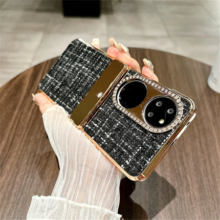 For Huawei P50 Pocket Case Plaid Texture Rhinestone Decor Hinge Protection PC Phone Cover
