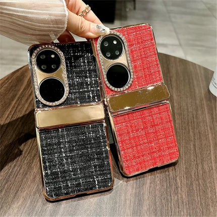 For Huawei P50 Pocket Case Plaid Texture Rhinestone Decor Hinge Protection PC Phone Cover