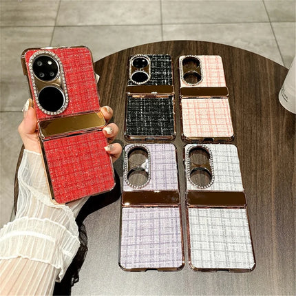 For Huawei P50 Pocket Case Plaid Texture Rhinestone Decor Hinge Protection PC Phone Cover