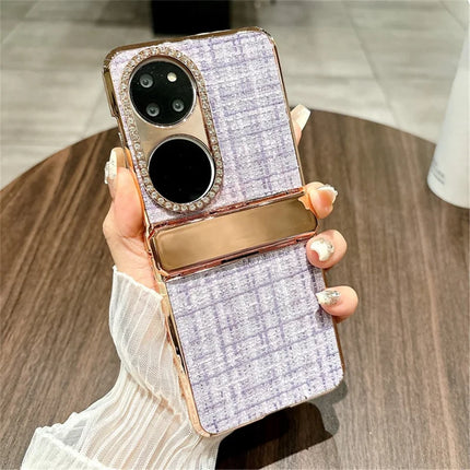 For Huawei P50 Pocket Case Plaid Texture Rhinestone Decor Hinge Protection PC Phone Cover - Purple