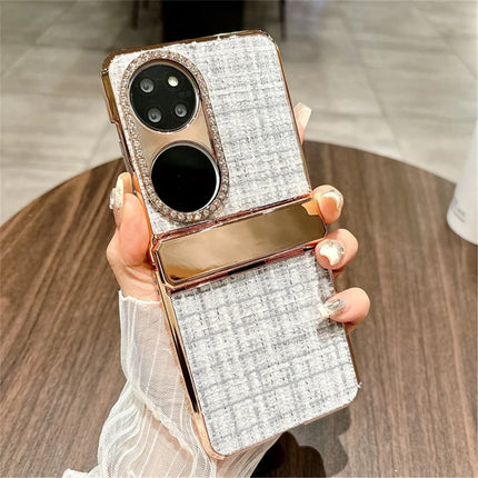 For Huawei P50 Pocket Case Plaid Texture Rhinestone Decor Hinge Protection PC Phone Cover - White