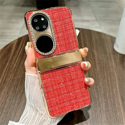 For Huawei P50 Pocket Case Plaid Texture Rhinestone Decor Hinge Protection PC Phone Cover - Red