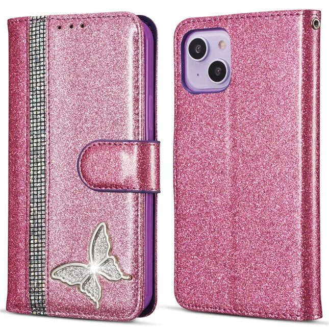 For iPhone 13 Glitter Leather Case with Metal Diamond Buttery Wallet Stand Cover - Purple