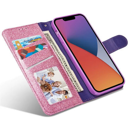 For iPhone 13 Glitter Leather Case with Metal Diamond Buttery Wallet Stand Cover