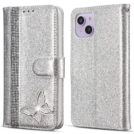 For iPhone 13 Glitter Leather Case with Metal Diamond Buttery Wallet Stand Cover - Silver