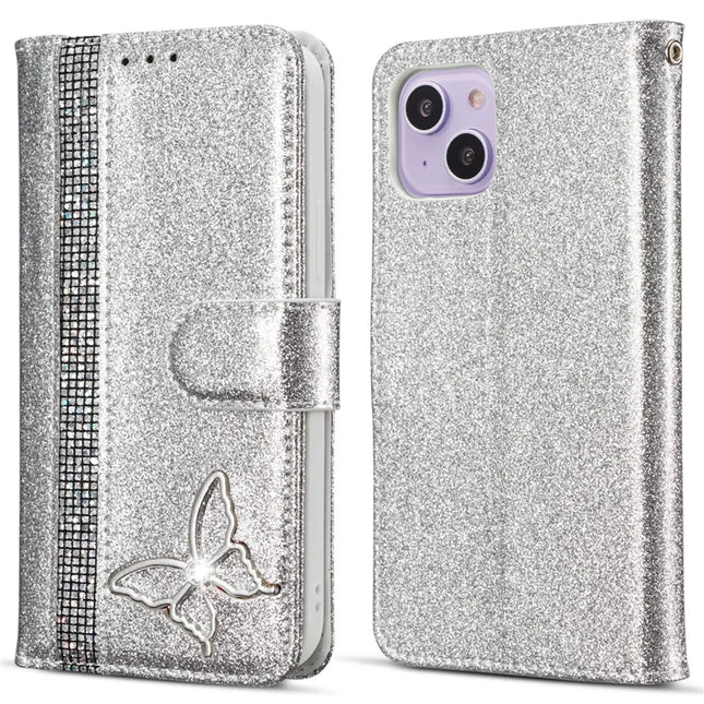 For iPhone 13 Glitter Leather Case with Metal Diamond Buttery Wallet Stand Cover - Silver