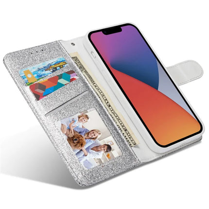 For iPhone 13 Glitter Leather Case with Metal Diamond Buttery Wallet Stand Cover