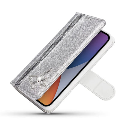For iPhone 13 Glitter Leather Case with Metal Diamond Buttery Wallet Stand Cover