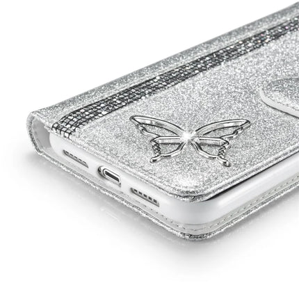 For iPhone 13 Glitter Leather Case with Metal Diamond Buttery Wallet Stand Cover