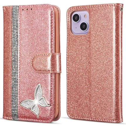 For iPhone 13 Glitter Leather Case with Metal Diamond Buttery Wallet Stand Cover - Rose Gold