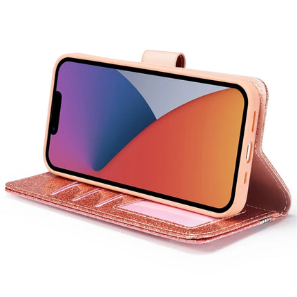 For iPhone 13 Glitter Leather Case with Metal Diamond Buttery Wallet Stand Cover