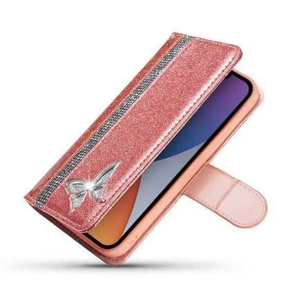 For iPhone 13 Glitter Leather Case with Metal Diamond Buttery Wallet Stand Cover
