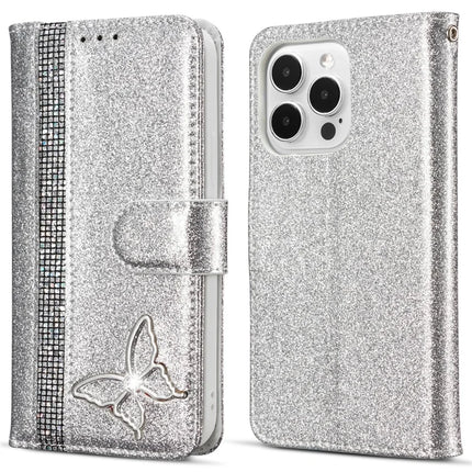 For iPhone 13 Pro Max Glitter Leather Case with Metal Diamond Buttery Wallet Stand Cover - Silver