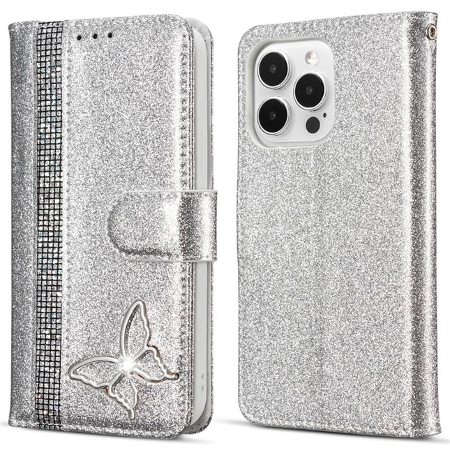For iPhone 13 Pro Max Glitter Leather Case with Metal Diamond Buttery Wallet Stand Cover - Silver