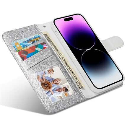 For iPhone 13 Pro Max Glitter Leather Case with Metal Diamond Buttery Wallet Stand Cover