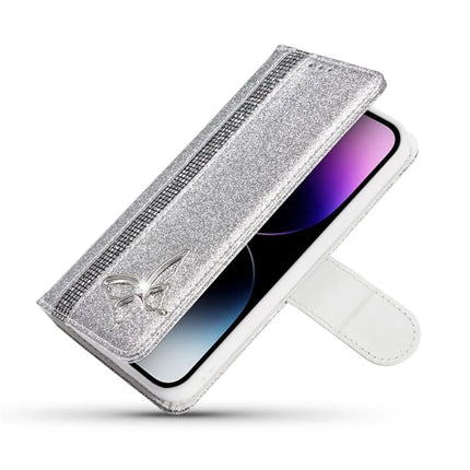 For iPhone 13 Pro Max Glitter Leather Case with Metal Diamond Buttery Wallet Stand Cover