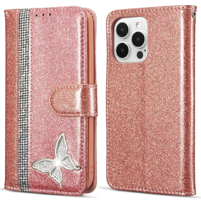 For iPhone 13 Pro Max Glitter Leather Case with Metal Diamond Buttery Wallet Stand Cover - Rose Gold