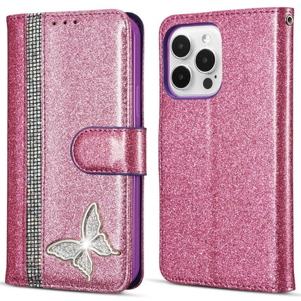 For iPhone 13 Pro Max Glitter Leather Case with Metal Diamond Buttery Wallet Stand Cover - Purple