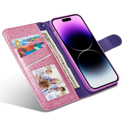 For iPhone 13 Pro Max Glitter Leather Case with Metal Diamond Buttery Wallet Stand Cover