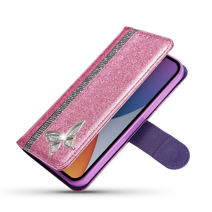 For iPhone 14 Glitter Leather Case with Metal Diamond Buttery Wallet Stand Cover