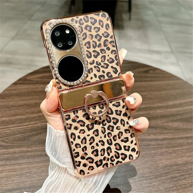 For Huawei P50 Pocket Case Leopard Pattern Ring Holder Rhinestone Hard PC Phone Cover - Gold