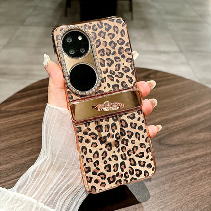 For Huawei P50 Pocket Case Leopard Pattern Ring Holder Rhinestone Hard PC Phone Cover