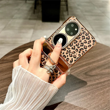 For Huawei P50 Pocket Case Leopard Pattern Ring Holder Rhinestone Hard PC Phone Cover