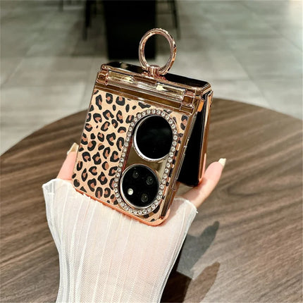 For Huawei P50 Pocket Case Leopard Pattern Ring Holder Rhinestone Hard PC Phone Cover