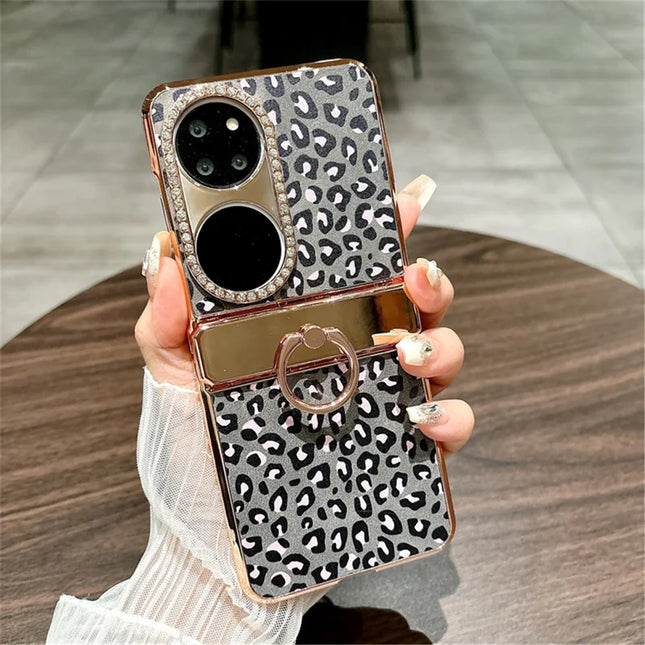 For Huawei P50 Pocket Case Leopard Pattern Ring Holder Rhinestone Hard PC Phone Cover - Black
